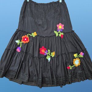 Y2K Black Floral Embroidered Midi Peasant Skirt Size M Whimsigoth Fairy Boho